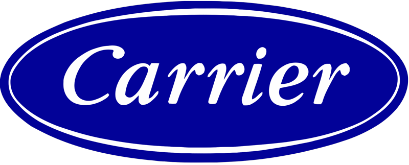 The Carrier logo showcases elegant white cursive text inside a blue oval with a white outline, symbolizing reliability and leadership in HVAC systems and climate solutions