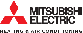 The Mitsubishi Electric logo features a red three-diamond symbol next to bold black text with 'Heating & Air Conditioning,' representing advanced climate control technologies.