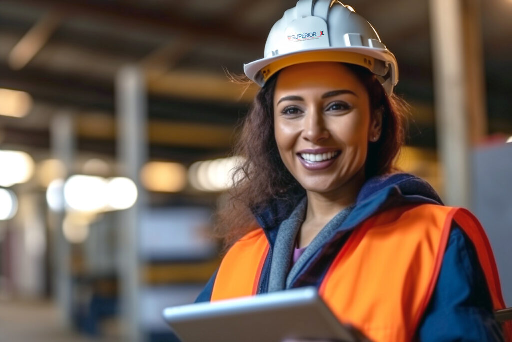 A smiling worker wearing a white hard hat with the Superior Building Services logo and a high-visibility orange safety vest holds a tablet inside an industrial facility. The background is softly blurred, showing structural beams and equipment.